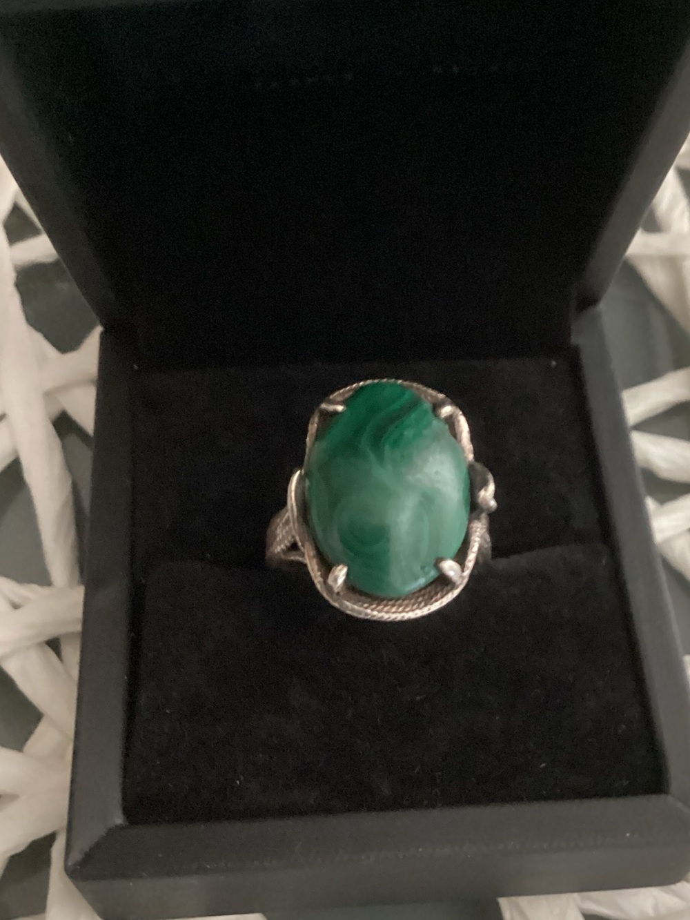 Green Malachite Oval Statement Ring in Silver-Tone Setting